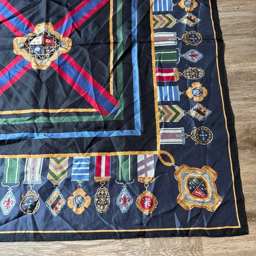 Talbots Silk Scarf Medals Military Honor XL Square | Black Multicolor | 36 x 36